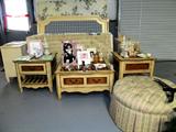 Vintage Country Living Bedroom Set by Lane... King Size Bedroom Set...includes King size Headboard with blue upholstered accented top area, King mattress & boxsprings, pair of matching night stands with 3 drawers storage and brass pulls. Also shown is a Continental Style Coffee Table with drawer storage and brass pulls. Top has attractive honey colored wood inlays, matching pair of end tables with drawer and bookshelf storage; Also shown is a Tufted Ottoman with pastel colored upholstery. Other items pictured are also available.