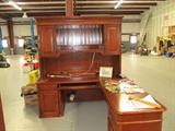 Excellent Contoured L Shaped Desk...3 pc. modular...built in file drawers, attachable shelf / bookcase...rich finish. Also there are two matching 2 drawer wood file cabinets to complete this office set. The two matching 2 drawer wood file cabinets are pictured elsewhere in this collection.