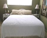 Vintage Continental Style  Queen Size Bedroom Set with Shabby Chic White finish...includes Queen Size Headboard with White Shabby Chic finish, Queen Size Plush Serta Mattress & Boxsprings & Frame, Pair of Matching Night Stands with drawer and bookshelf storage and brass pulls and white Shabby Chic finish. (Also, other items that are  part of this set include a triple dresser with white shabby chic finish, and matching beveled wall mirror which are shown elsewhere in this collection)  Also shown in the picture are a pair of  matching accent table lamps.