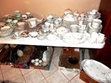 Several Large Sets  of  China in this sale.  As pictured is one of the large sets...one of the largest sets of Vintage Haviland Limoge China we have seen in our sales over the years...more than 100 pcs including lots of serving pieces...platters, coffee / tea service, etc.  Also shown is a set of Olde English Country Side China by Johnson Brothers (more than 60 pcs). There are other sets of china shown in pictures elsewhere in this collection...including more Johnson Brothers china...Mill Stream with 48 pcs, Stafforshire English China Churchill with approx. 40 pcs, Imperial China with more than 40 pcs, and Noritake Somerset fire with more than 50 pcs.