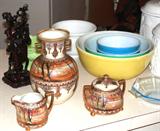 Excellent Antique Nippon ...creamer, sugar bowl, large vase with excellent detail and vibrant colors; Also shown is a vintage set of mixing bowls, and an oriental resin statue.  All items pictured are available.