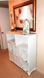 Modular Bookshelf / Storage Cabinet with open shelf and door storage, white shabby chic finish.  Accent table lamps and artwork shown are also available.
