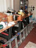 Werner 20' extension ladder; Metal open shelf storage unit; Accent Floor Lamp; Lots of kitchenwares...pots, pans, dishes, small appliances, and for any crafters viewing this, there are boxes of crafting supplies...stained glass waiting to be crafted into a masterpiece by you.  All items pictured other than our set up table tops and sawhorses are available.