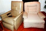 Power Massager Recliner Chair mfg. by Niagara, with individual controls for leg and back massage settings.  Chair has light olive colored Naugahyde upholstery; Also shown is an Accent Occasional Arm Chair with rolled arms and tufted off white colored upholstery;