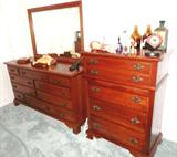 Vintage Young Henkel Double Dresser with Mirror, 10 drawers (5 large, 5 small) storage, brass pulls, bracket style feet, rich walnut color finish; Matching Vintage Young Henkel Chest of Drawers with 4 drawer (looks like 5 but is actually 4) storage and brass pulls, bracket style feet, rich walnut color finish; The "bottle vases" shown are unavailable...sorry.
