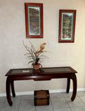 Elegant Oriental Style Foyer / Sofa Table with inlaid beveled glass top and nicely curved legs. ( Foyer / Sofa Table is matching to large coffee table and 2 end tables which are pictured elsewhere in this collection). Artworks, artificial flower, and small chest are also available.