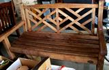 Outdoor Designs Ltd. Teak Bench with Chinese Style Fretwork...heavy duty teak construction...naturally waterproof...low maintenance.  Also comes with brightly colored cushions.