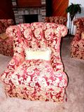 One  of 4 Quality  Matching Robb & Stucky  Decorator /  Accent  Swivel Arm Chairs with Flair back, beautiful tapestry  Gold & Wine brocade  upholstery and tufted backs. Other 3 matching chairs are in the background and are also pictured elsewhere in this collection.