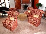4 Matching   Robb & Stucky  Decorator /  Accent  Swivel Arm Chairs with  Flair backs , beautiful tapestry  Gold & Wine brocade  upholstery and tufted backs. Also shown is an Elegant Scalloped Poof tufted gold woven upholstery and pleated skirting. Piano pictured in the background is not available.