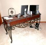 Ornate Metal and Wood Sofa / Foyer Table with Burl Wood Top, rich finish,  nicely carved scalloped edges, 3 drawers storage with batwing hardware accents,  Scrolled wrought iron base & legs