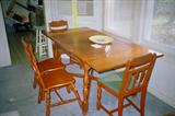 Mid Century Early American Dining Table with 2 slide out extensions. 4 Early American Style side chairs. Not pictured are 2 additional side chairs