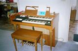 Vintage Lowery Organ with double keyboard, foot keyboard and foot control. Bench Seat