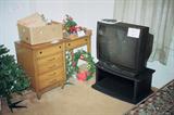 Vintage Mid Century Sumter Desk.(Matching to othe Mid Century Sumter furniture in the Bedroom grouping). Also pictured JVC 32" Color TV, TV Cabinet with Storage;