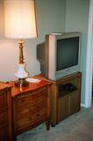 Vintage Hibriten Bedroom Set: As pictured Night Stand with 3 drawer storage, brass pulls - Matching to dresser, chest of drawers & headboard pictured separately); Accent Table Lamp 1 of 2 matching; Daewoo Color TV, 28". TV Stand with storage.