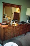 Vintage Hibriten Bedroom Set - includes Matching Queen Headboard, Double Dresser w/ mirror, Chest of Drawers,and Night Stand: As pictured: Double Dresser with brass pulls and with Mirror - matching to other pieces shown in separate pictures.)