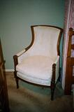 Elegant Victorian Style Occasional Chair with White Satin Upholstery. Part of Living Room Set. Other pieces to living room set are shown in separate pictures.