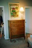Vintage Hibriten Bedroom Set: As pictured: Chest of Drawers with brass pulls - matching to dresser, night stand, headboard pictured separately. Also pictured: Accent Table Lamp; Garden Scene Artwork.