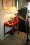 Vintage Mersman Foyer Table with Drawer and brass pulls, fluted sides, shelf storage. Cherry Finish. Very Nice. Also Pictured: Accent Oriental Style Table Lamp