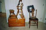 Vintage Accent Items: Victorian Style Single Spat Backed chair with nicely carved features and embroidered seat; Medium sized Wooden Chest / Trunk with Brass hardware accents; Vintage Doll Highchair with Native American "Pocahontus" Doll; Note: Doll Cradle and other dolls pictured are no longer available.