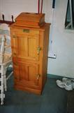 Oak Ice Box with Brass hardware accents (repro.). Also pictured Oak Laptop desk