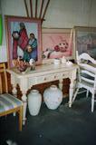 Southwestern Style Wood & Tile Sofa / Foyer Table with Tile Top, drawer storage. Also pictured: Nice sized Southwestern Style Artworks & Pottery and accent items.
