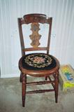 Vintage Victorian Style Single Splat Back with nicely carved features and embroidered Seat