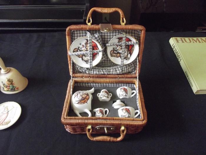  M.J Hummel " Umbrella Girl " Miniature Picnic basket set . 