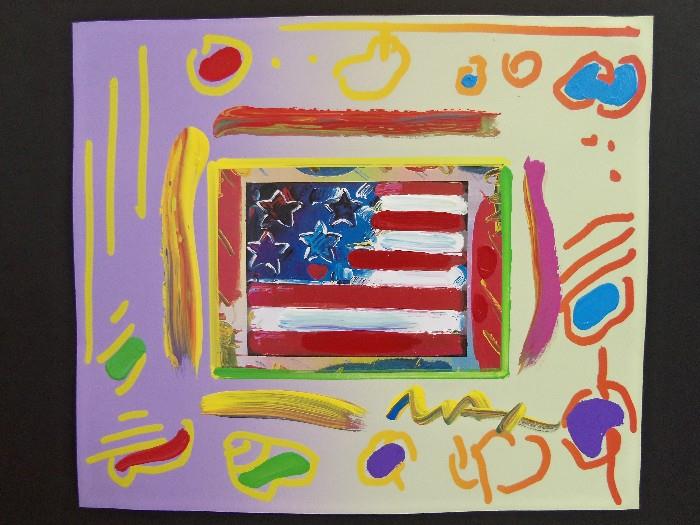 Signed Peter Max Flag With Heart