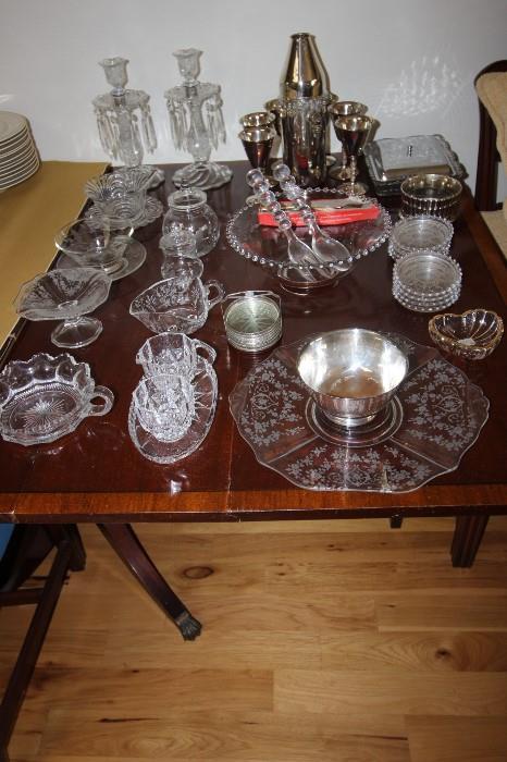 Selection of Candlewick glass, Duncan Miller glass and other Depression glass.