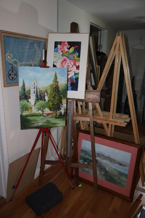 Easels of all descriptions and sizes, some framed artwork.