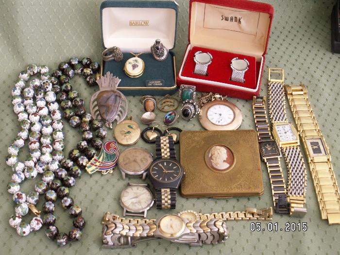 Pocket watches, fine/costume watches, 14k gold, scrimshaw, sterling silver, cloisonne