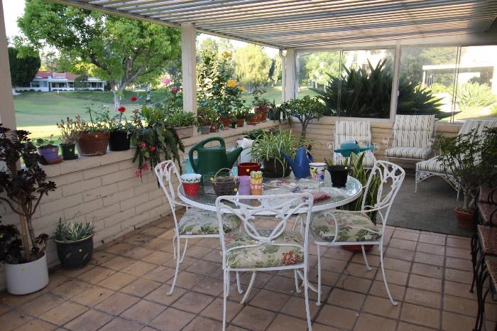 Glass and iron patio set, more plants, more iron sun loungers and rocking chair.