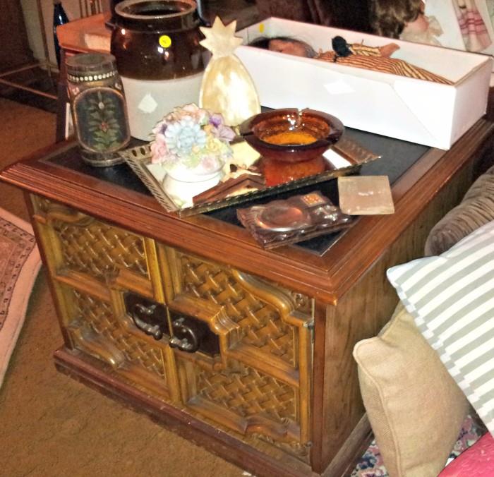 End table, antique crock, miscellaneous items