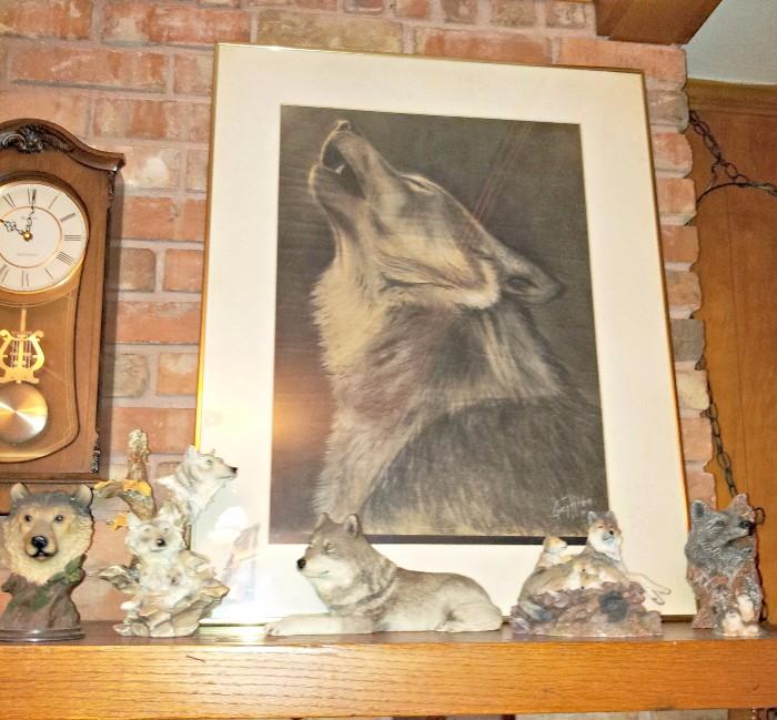 Wolf collectibles and framed art