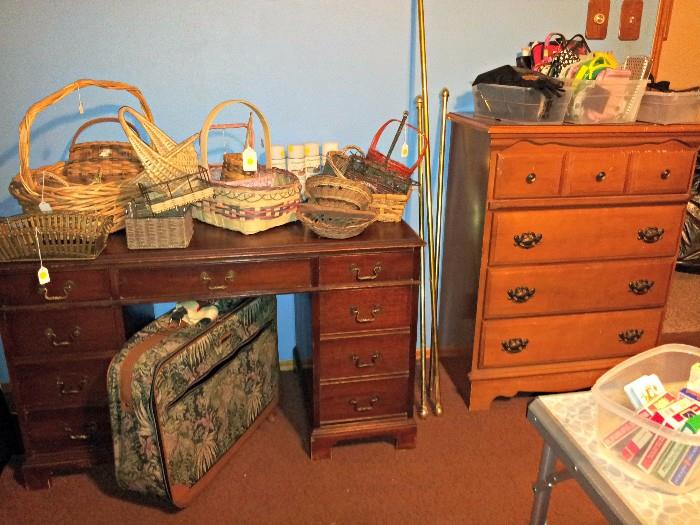 Vintage desk and dresser, baskets, luggage