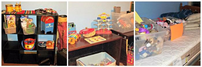 Toys, beanie babies, twin bed (mattress), headboard, bookcase, 3 piece desk, 