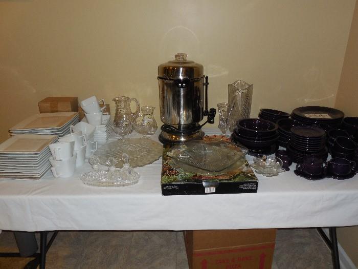 dinner ware, Fiesta dishes, crystal, electric coffee maker