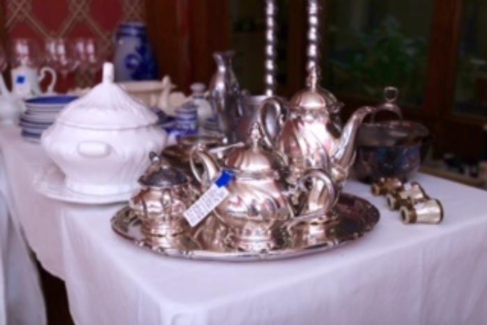 German porcelain tea set overlay in silver. Pewter collection. 