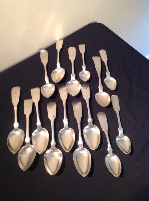 Group of Various Coin Silver Serving Spoons assorted makers including Southern