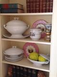 White English Ironstone Tureens, Old Paris Porcelain, Ginori Cachpot, leather bound books