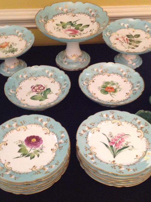 17 piece early 19th C. English Hand Painted Botanical Dessert Service
