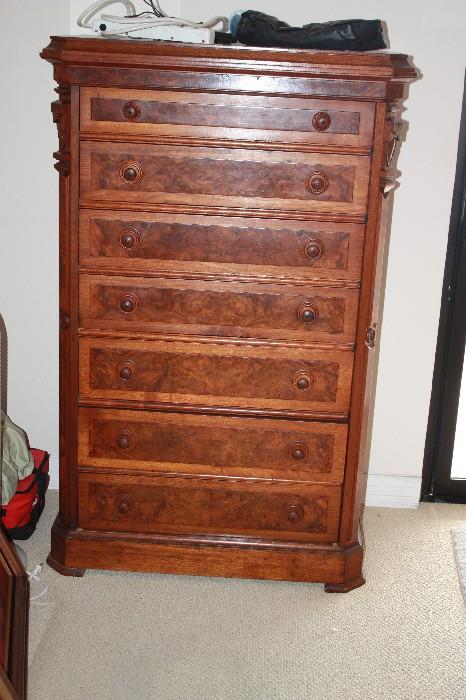Eastlake side locking tall dresser - burled wood