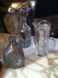  Vintage silver painted bottle, decanter & pitcher