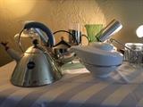 Allessi 9093 polished, stainless tea kettle, Bodem tea kettle, Mono white ceramic teapot, Iitalia green glass Kartio pitcher, Koch & Lowy chrome & marble  20th c. modern swivel lamps