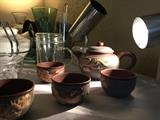 Ceramic teapot & cups, glass tea set