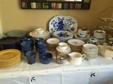 Dishes, ceramic cups, mugs, gravy bowls & table top items & linens, etc.