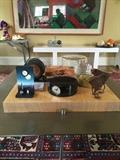 Morlen Sinoway wood & stainless coffee table, KOCH & LOWY marble clock, contemporary white bench