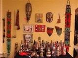 Haitian voodoo bottle collection, including boxes, outsider paintings, African beaded hangings, Mexican sculpture, beaded wall hanging w/ Native American inspired designs, & vintage bocce balls