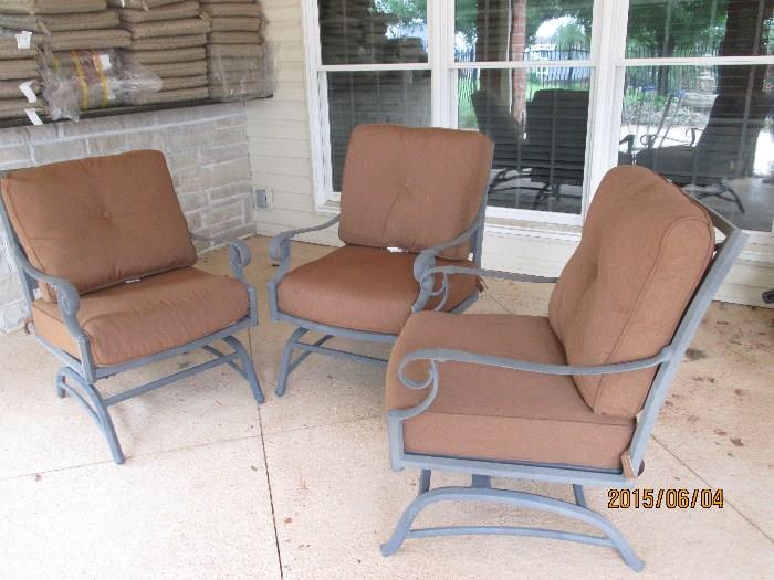 Three Upholstered Quality Cushions, on Outdoor Chairs (chairs do rock)
