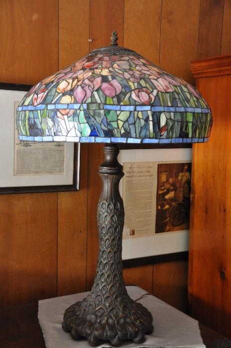 Early 20th century Tiffany era Chicago mosaic bronze lamp and stained glass lamp shade - arts and crafts style